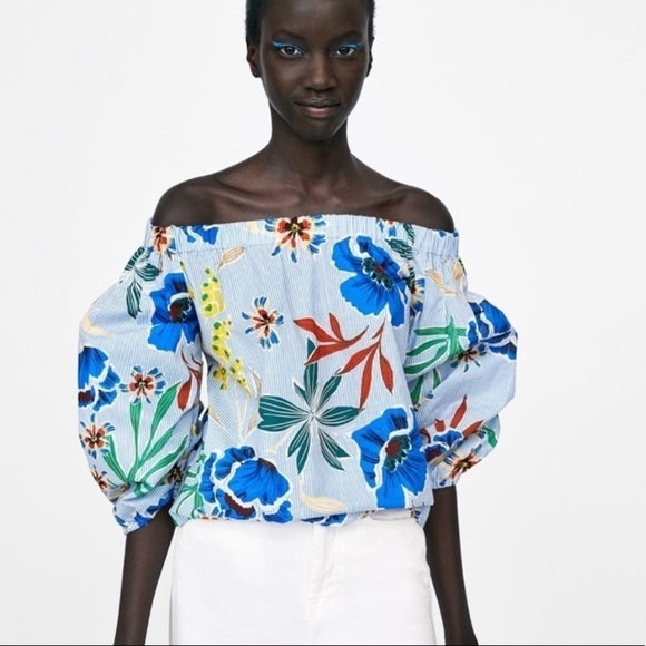 Zara Off Shoulder Tropical Balloon Sleeve Feminine top - Picture 1 of 6